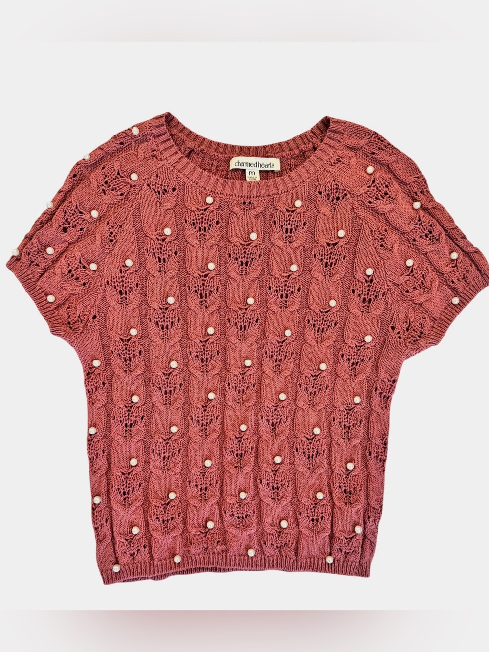 charmed hearts Women's Pink Pearl-Embellished Short-Sleeve Sweater